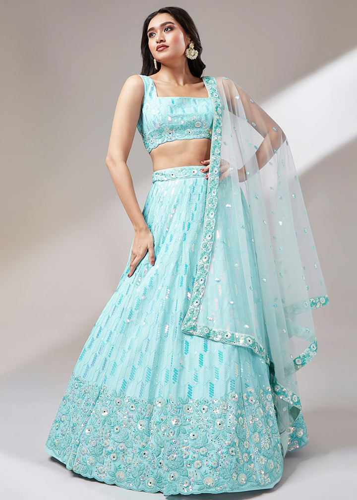 Aqua Blue Georgette Lehenga Choli with Sequins,Coding & Zarkan work