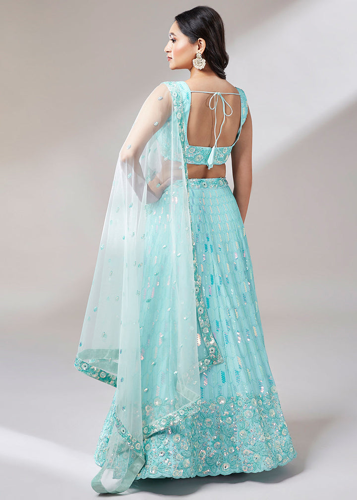 Aqua Blue Georgette Lehenga Choli with Sequins,Coding & Zarkan work