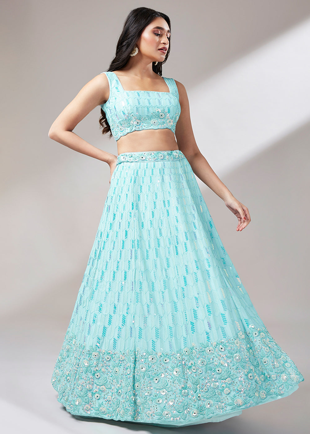 Aqua Blue Georgette Lehenga Choli with Sequins,Coding & Zarkan work