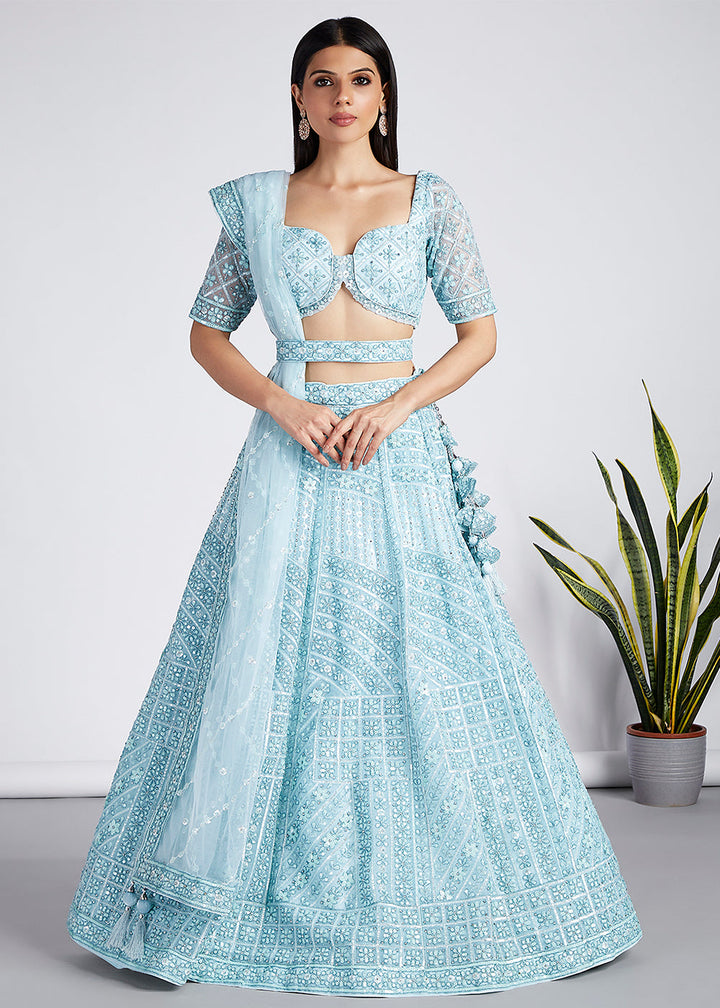 Arctic Blue Net Lehenga Choli with Sequins, Zarkan & Coding Thread Embroidery work