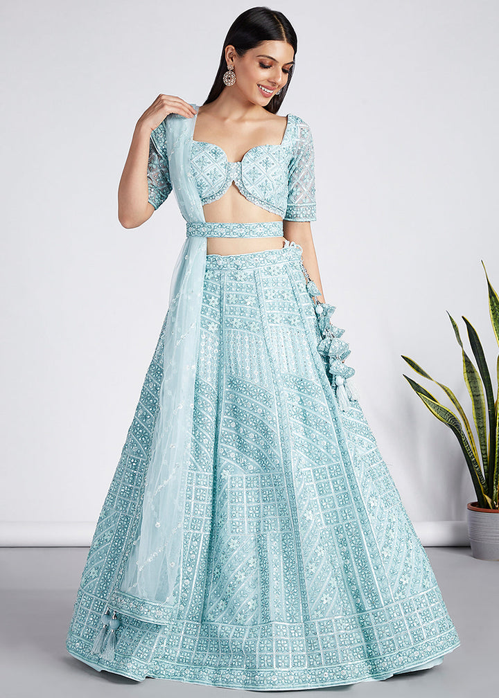 Arctic Blue Net Lehenga Choli with Sequins, Zarkan & Coding Thread Embroidery work