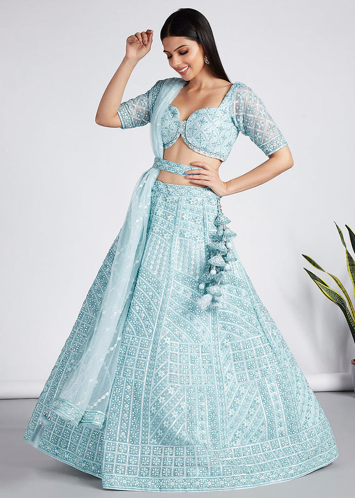 Arctic Blue Net Lehenga Choli with Sequins, Zarkan & Coding Thread Embroidery work