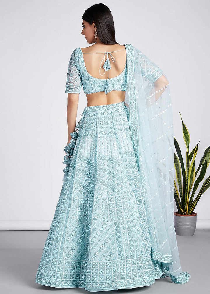 Arctic Blue Net Lehenga Choli with Sequins, Zarkan & Coding Thread Embroidery work