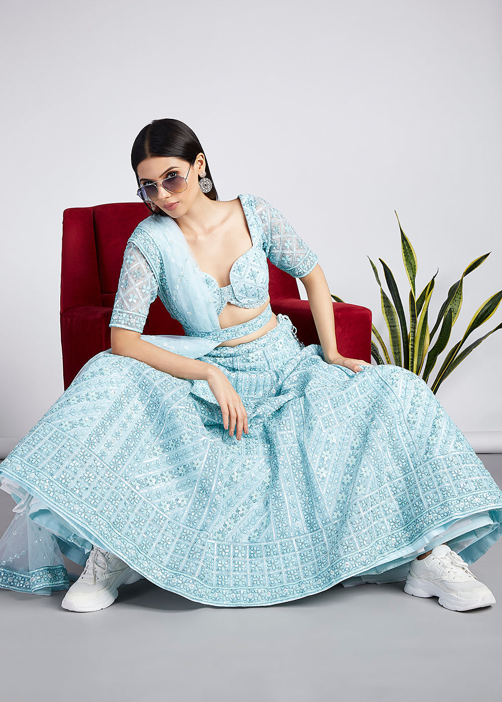 Arctic Blue Net Lehenga Choli with Sequins, Zarkan & Coding Thread Embroidery work