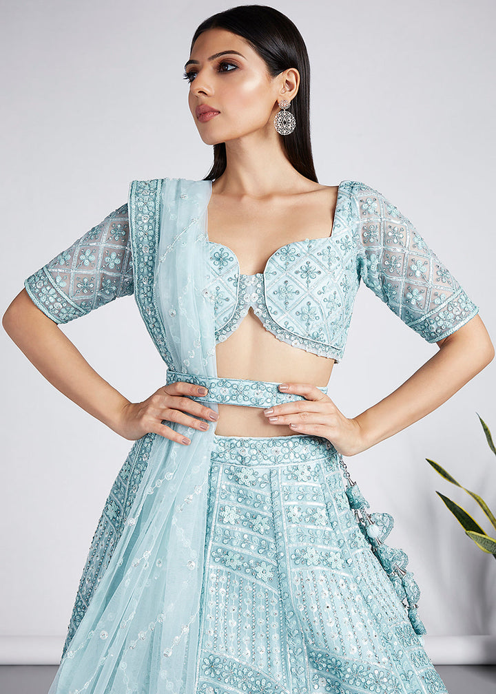 Arctic Blue Net Lehenga Choli with Sequins, Zarkan & Coding Thread Embroidery work