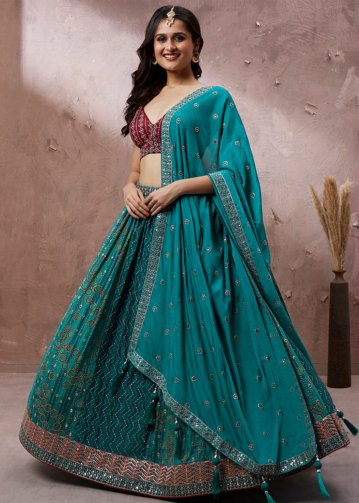 Teal Blue Georgette Lehenga Choli with Heavy Sequins & Coding Thread Embroidery work