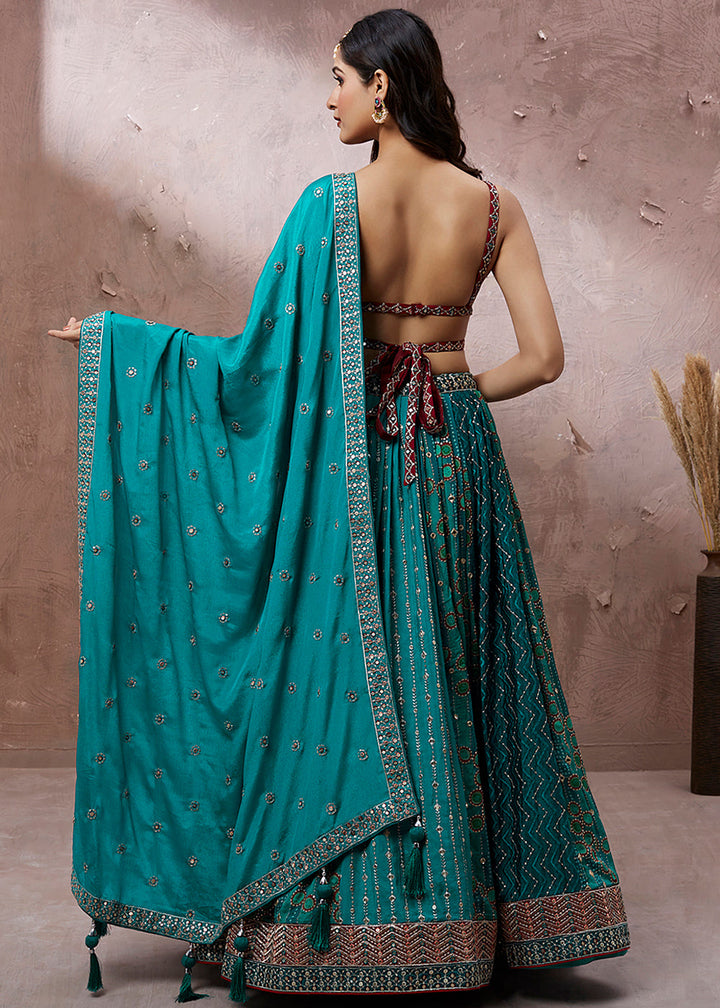 Teal Blue Georgette Lehenga Choli with Heavy Sequins & Coding Thread Embroidery work