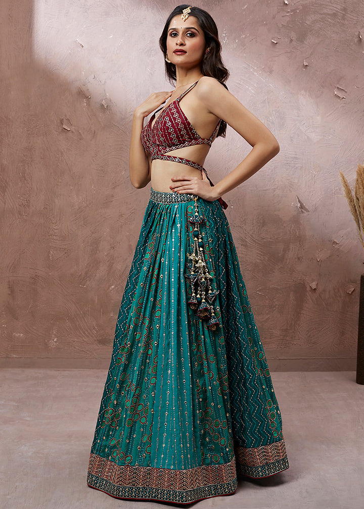 Teal Blue Georgette Lehenga Choli with Heavy Sequins & Coding Thread Embroidery work