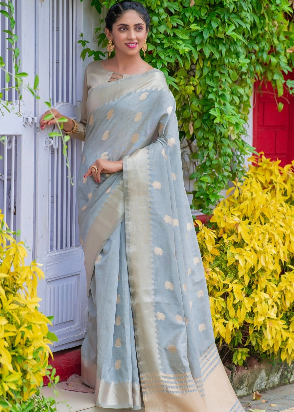 Dolphin Grey Assam Silk Saree with Zari Weaving Butti overall – Ethnos