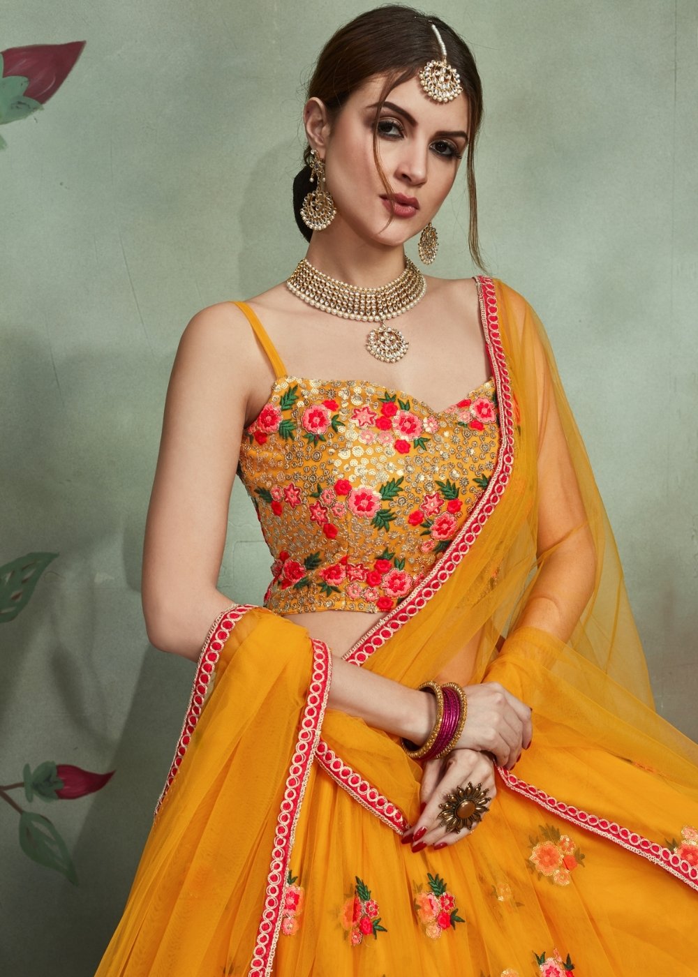 Gold Yellow Designer Soft Net Lehenga Choli with Sequins & Thread work