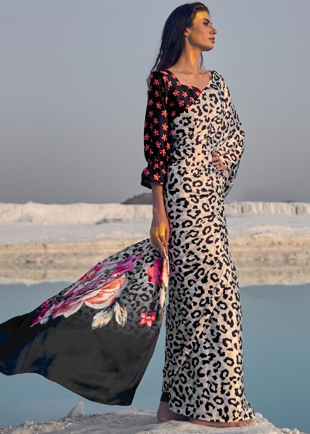 Black and White Leopard Print Crepe Silk Saree