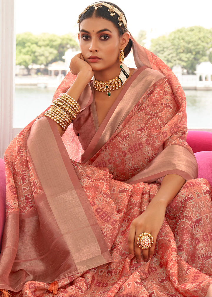 Brick Pink Digital Printed Dola Silk Saree