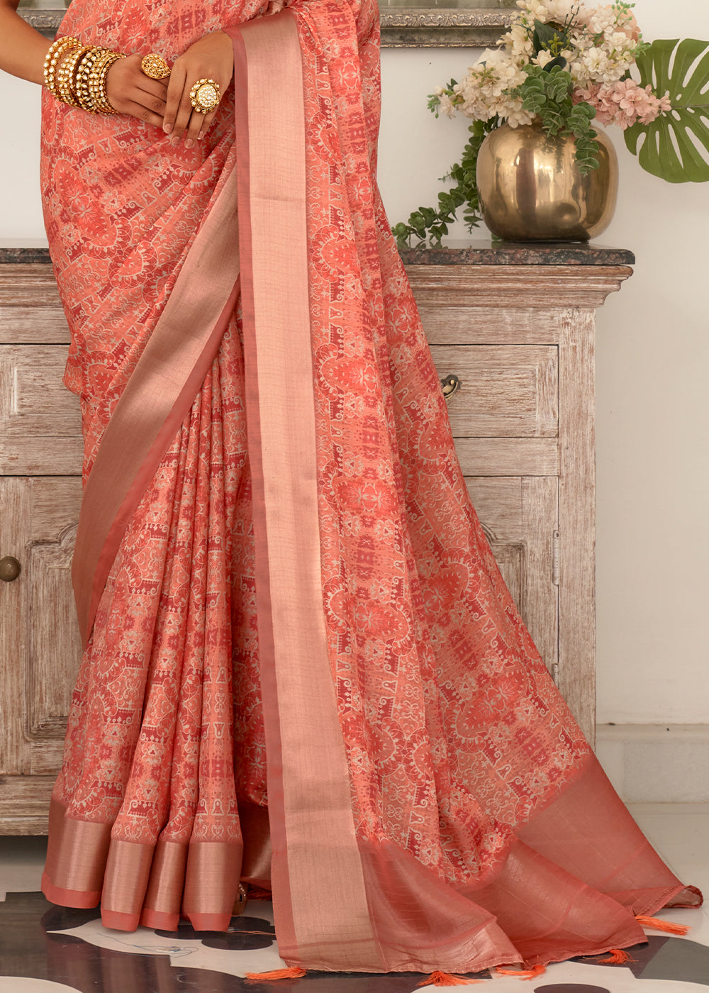 Brick Pink Digital Printed Dola Silk Saree