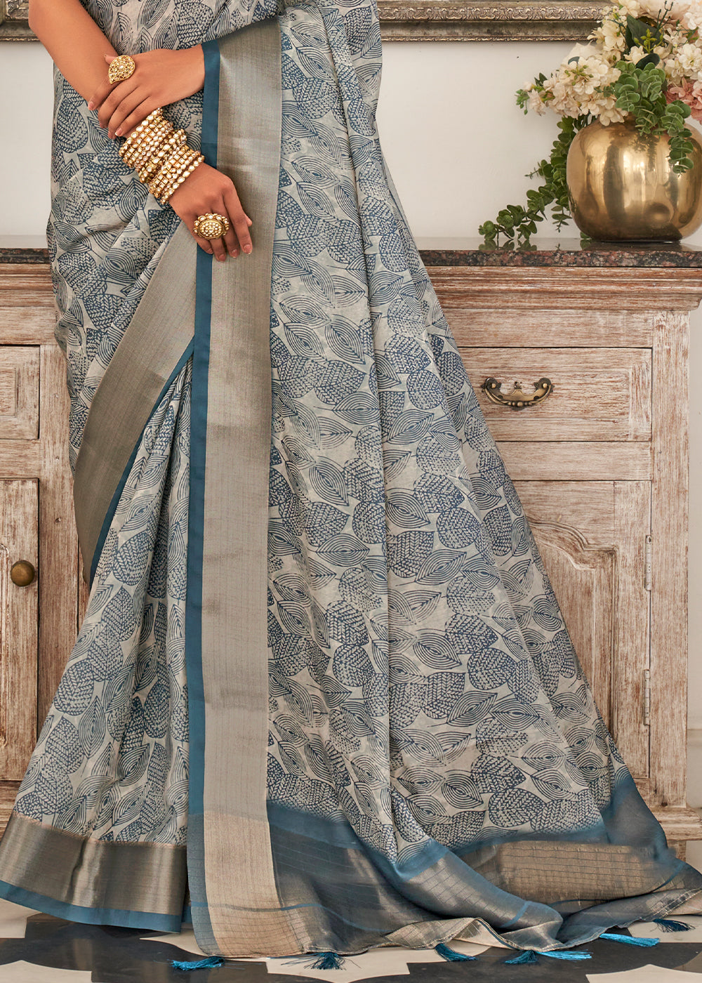 Shades Of Blue Digital Printed Dola Silk Saree