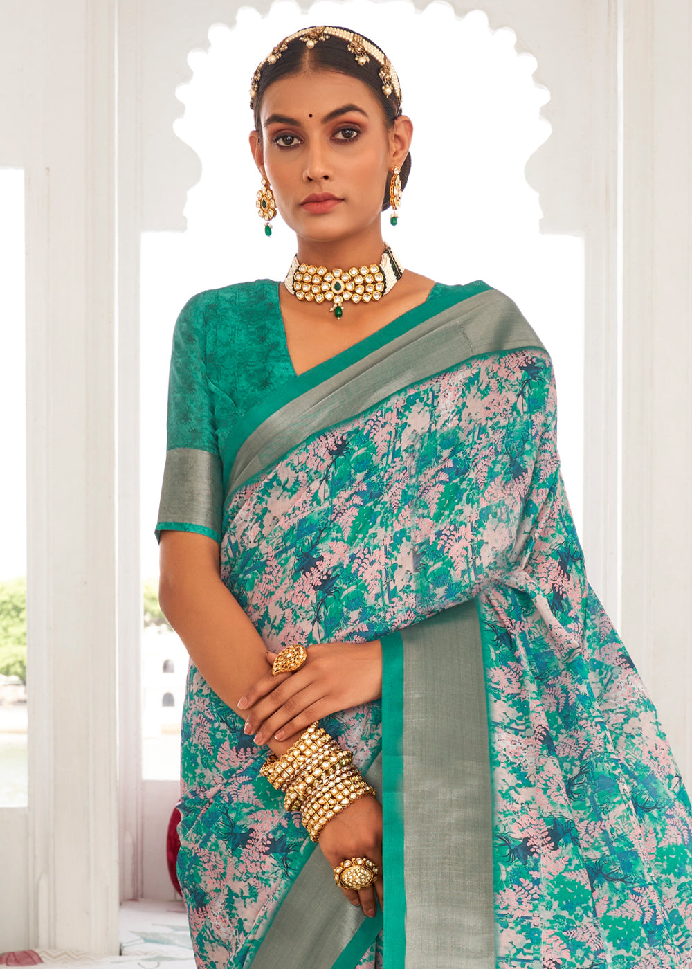 Dynasty Green Digital Printed Dola Silk Saree