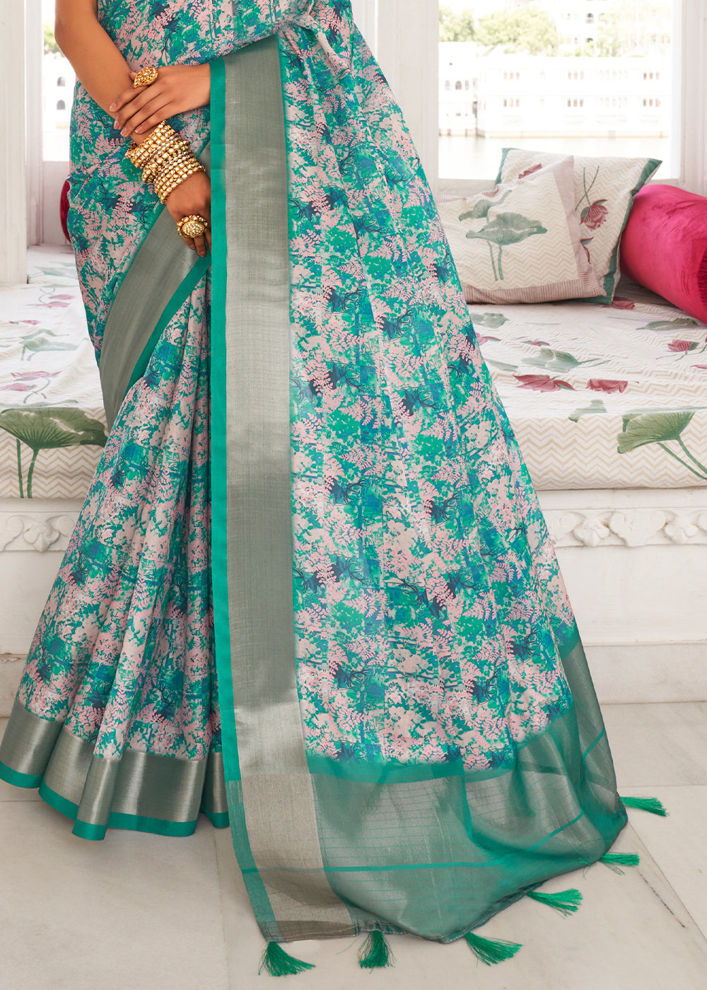 Dynasty Green Digital Printed Dola Silk Saree