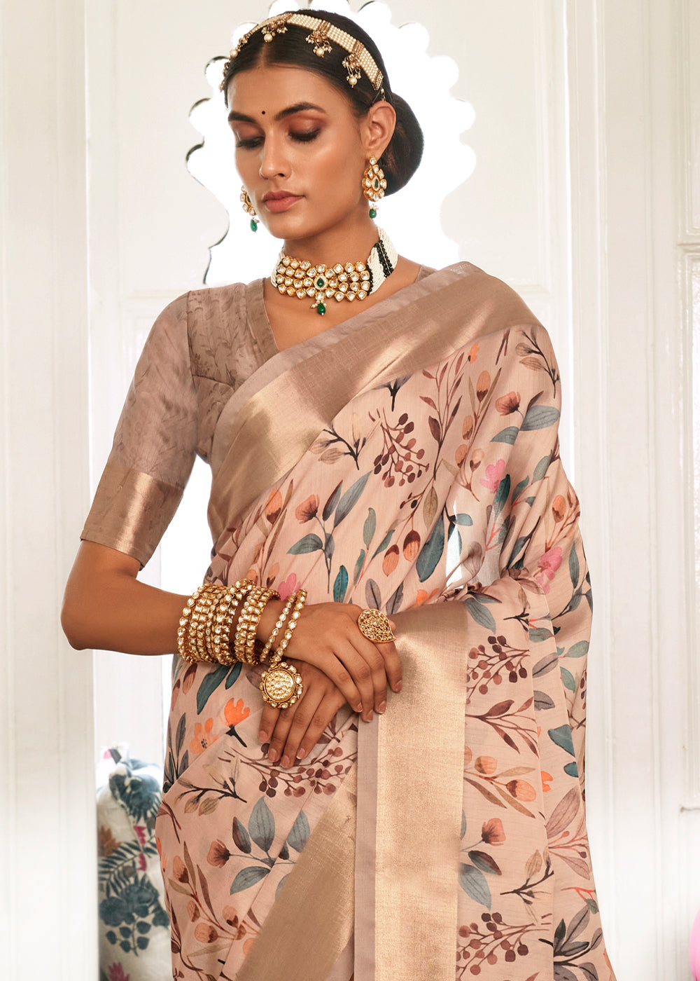 Beige Brown Digital Printed Dola Silk Saree