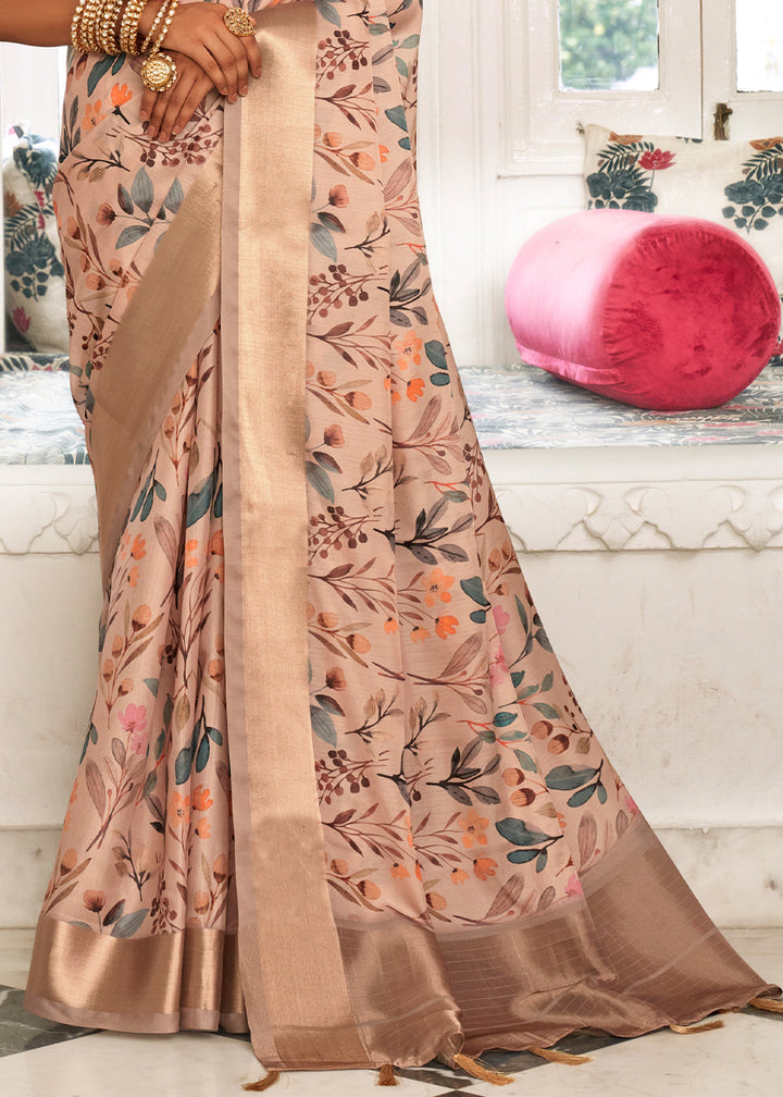 Beige Brown Digital Printed Dola Silk Saree