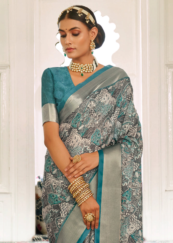 Star Command Blue Digital Printed Dola Silk Saree