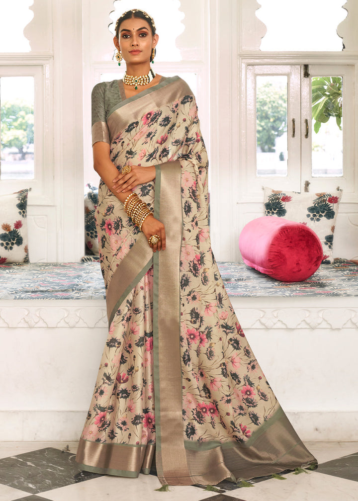 Parchment White Digital Printed Dola Silk Saree