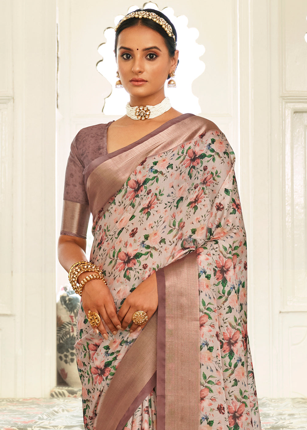 Daisy White Digital Printed Dola Silk Saree