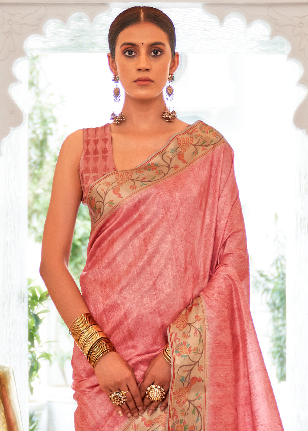 Sherbet Pink Digital Printed Self Jacquard Silk Saree