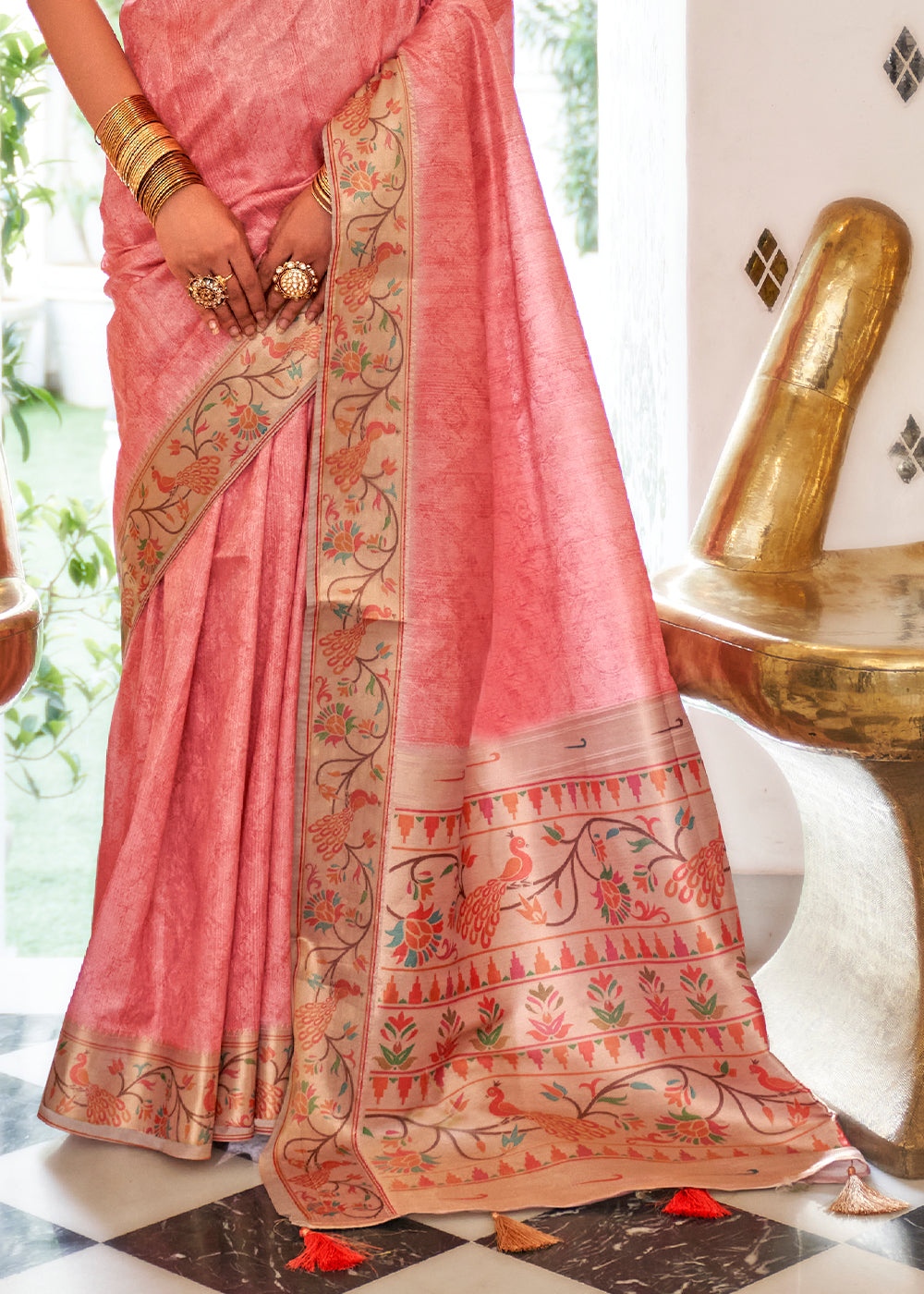 Sherbet Pink Digital Printed Self Jacquard Silk Saree