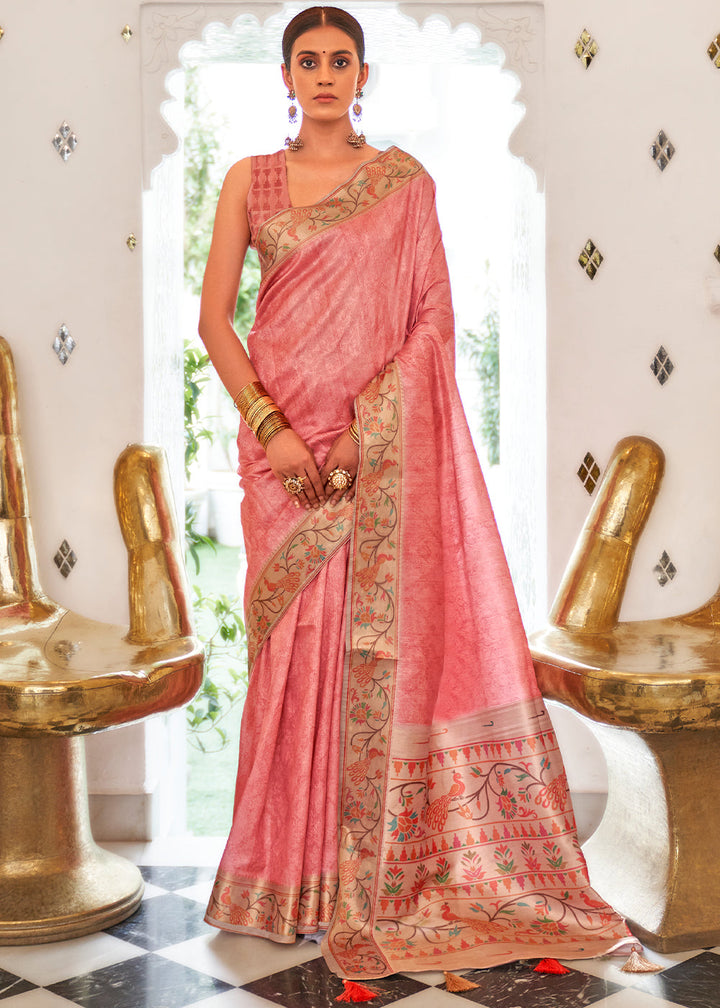 Sherbet Pink Digital Printed Self Jacquard Silk Saree