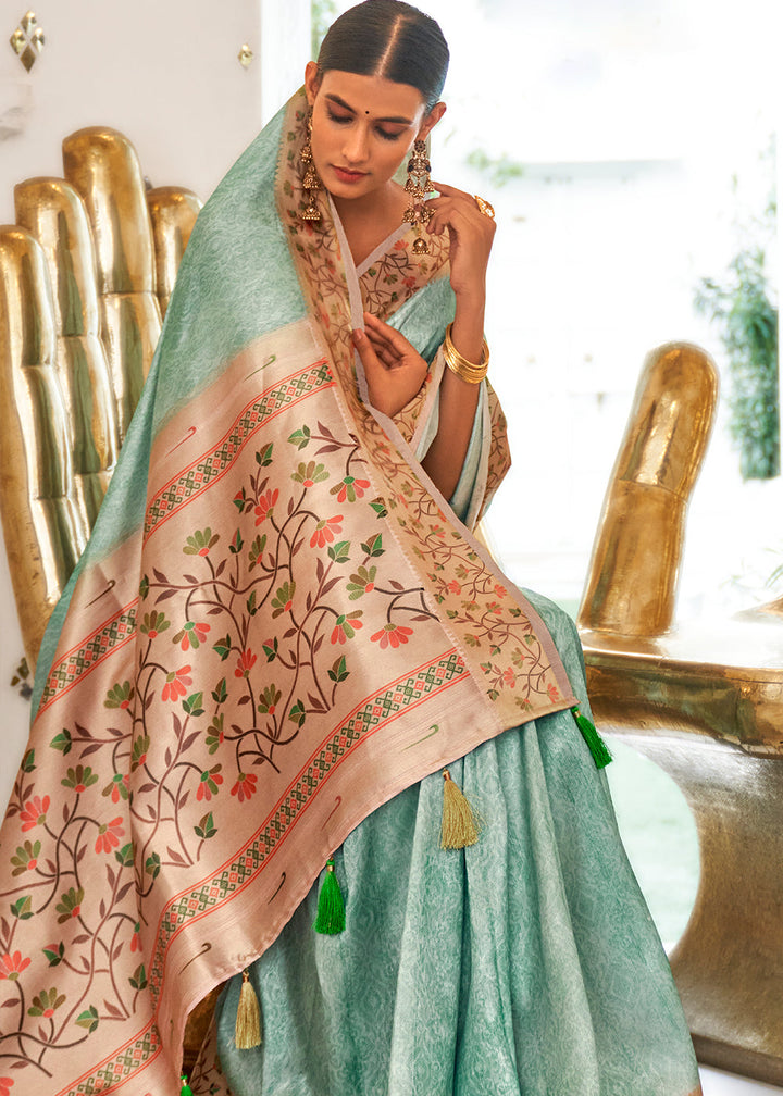 Pale Turquoise Green Digital Printed Self Jacquard Silk Saree