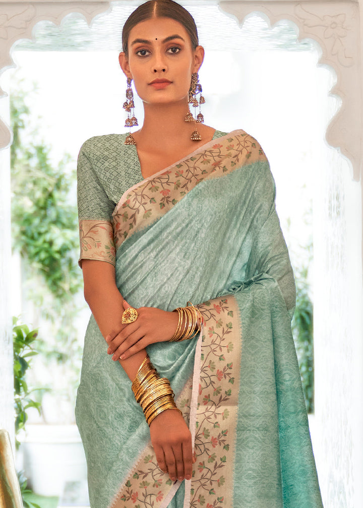 Pale Turquoise Green Digital Printed Self Jacquard Silk Saree