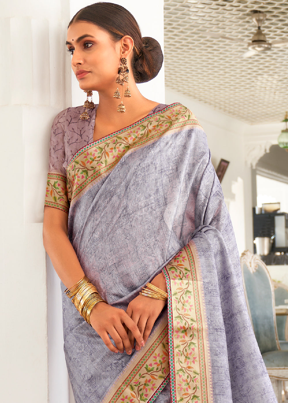 Light Lilac Purple Digital Printed Self Jacquard Silk Saree