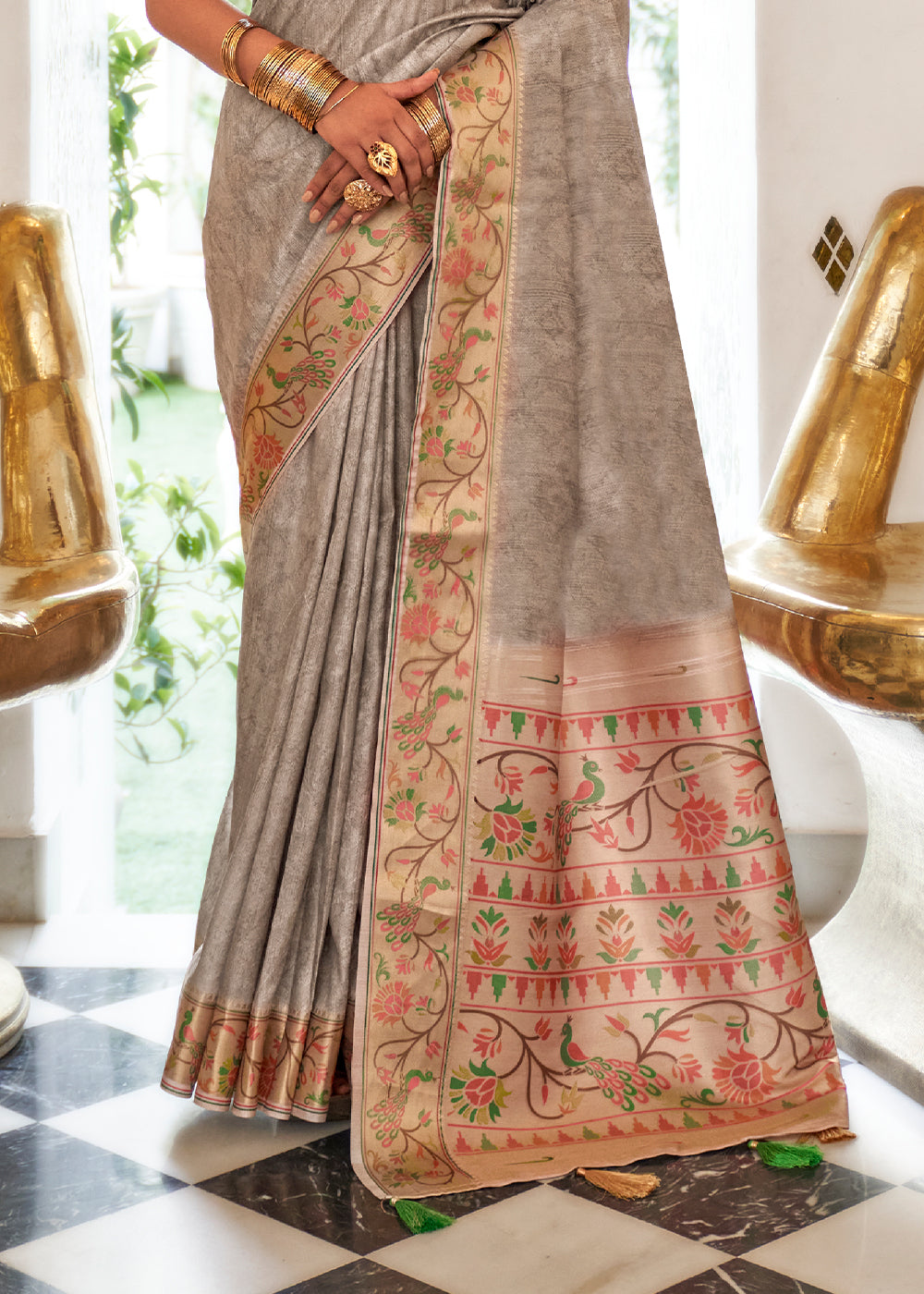 Griege Brown Digital Printed Self Jacquard Silk Saree