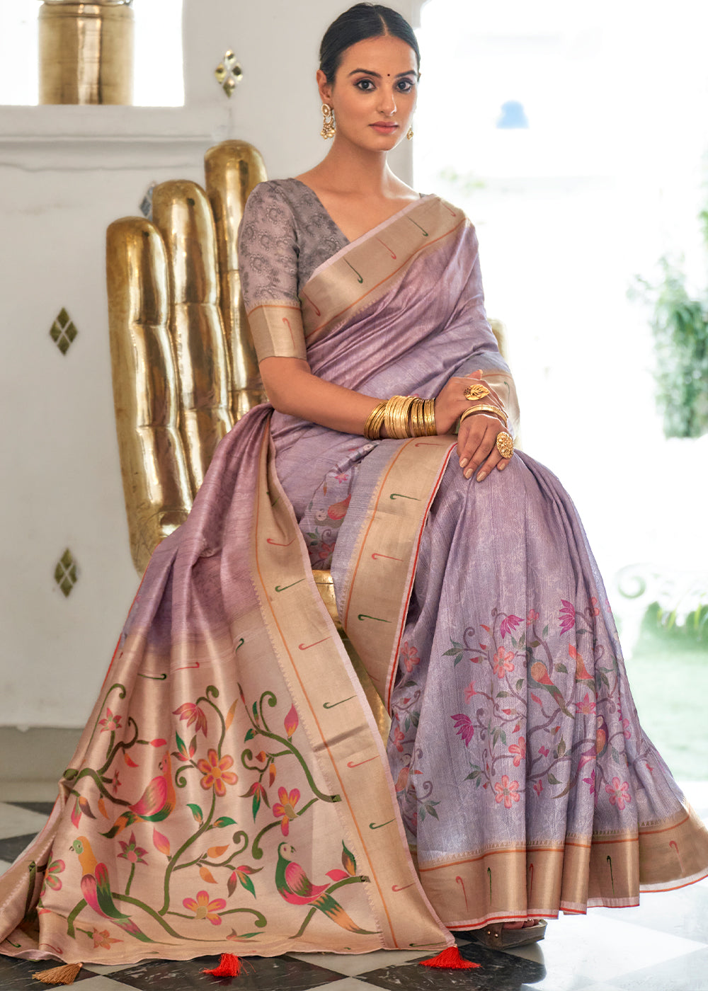 Periwinkle Purple Digital Printed Self Jacquard Silk Saree