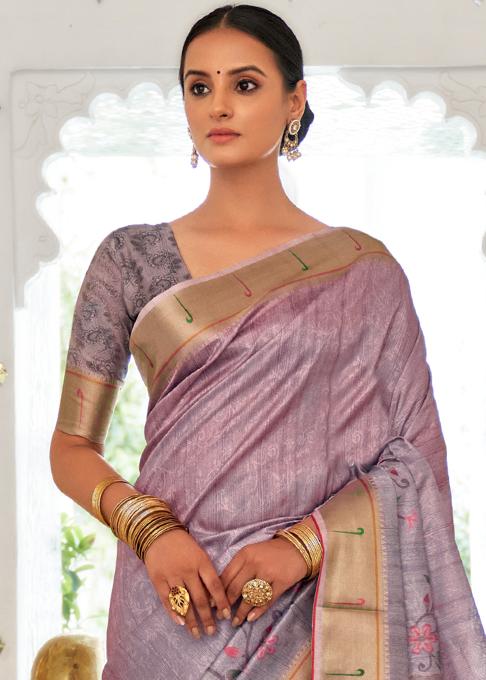 Periwinkle Purple Digital Printed Self Jacquard Silk Saree