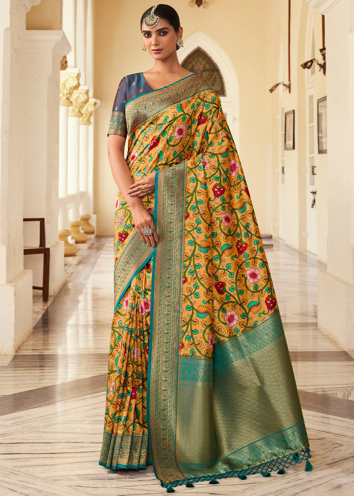 Saffron Yellow Digital Printed Silk Saree with Weaving Border & Rich Pallu