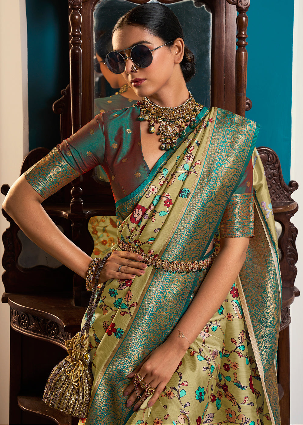 Tea Green Digital Printed Silk Saree with Weaving Border & Rich Pallu