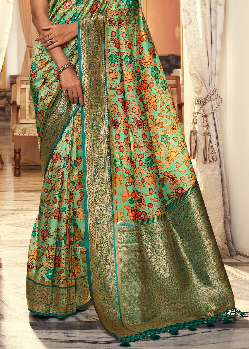 Cool Green Digital Printed Silk Saree with Weaving Border & Rich Pallu