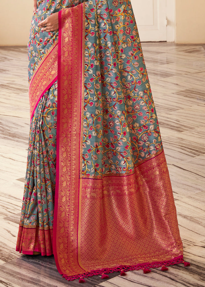 Grey & Pink Digital Printed Silk Saree with Weaving Border & Rich Pallu