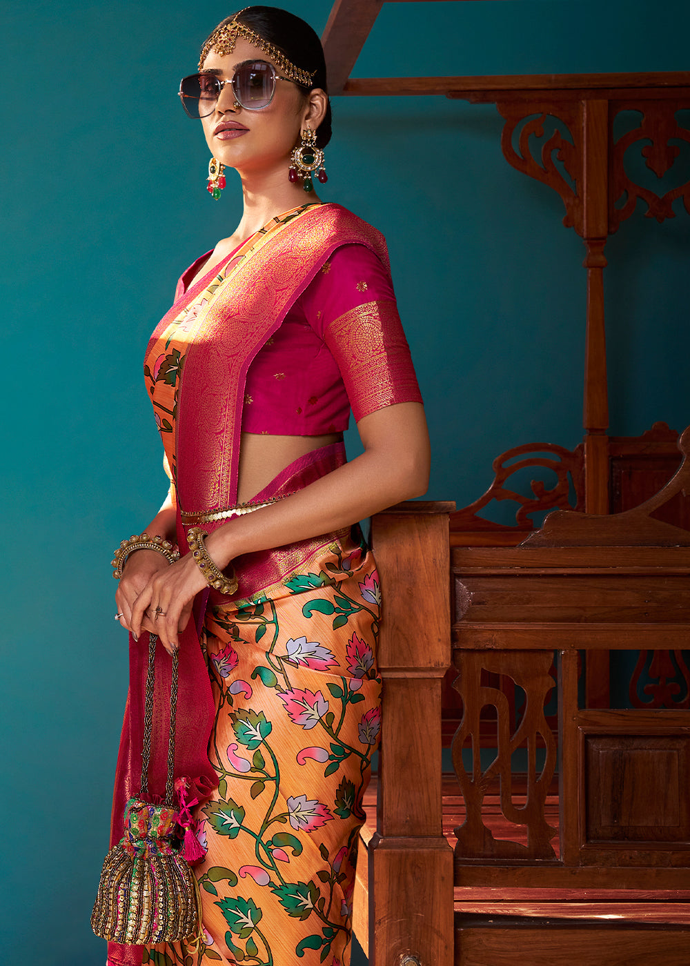 Orange & Pink Digital Printed Silk Saree with Weaving Border & Rich Pallu