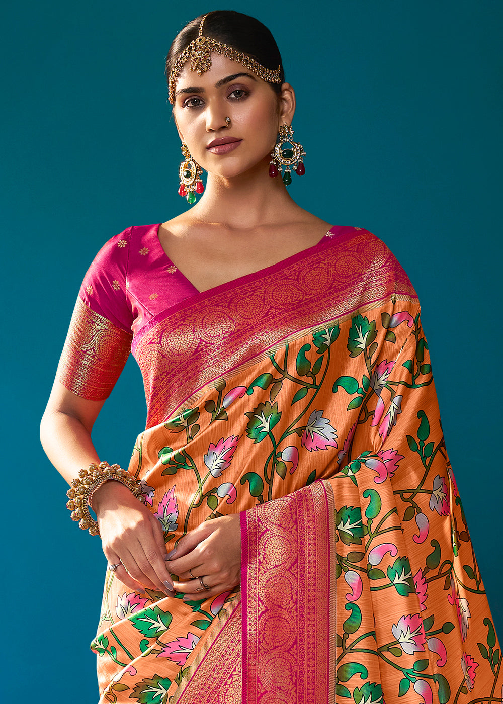 Orange & Pink Digital Printed Silk Saree with Weaving Border & Rich Pallu