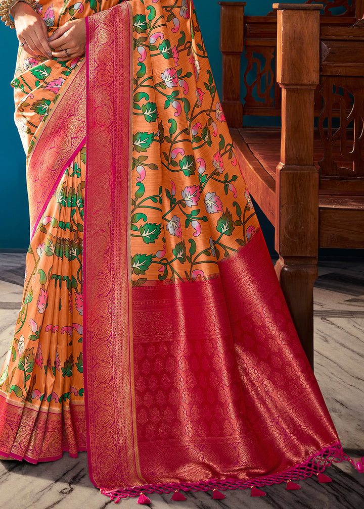 Orange & Pink Digital Printed Silk Saree with Weaving Border & Rich Pallu