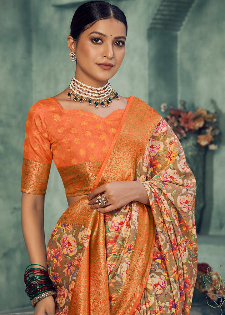 Shades Of Orange Digital Printed Tissue Silk Saree