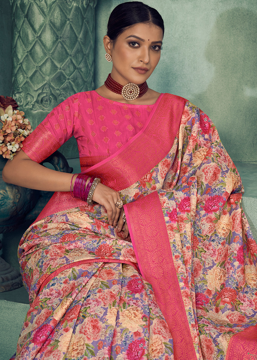 Shades Of Pink Digital Printed Tissue Silk Saree