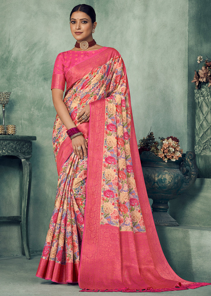 Shades Of Pink Digital Printed Tissue Silk Saree