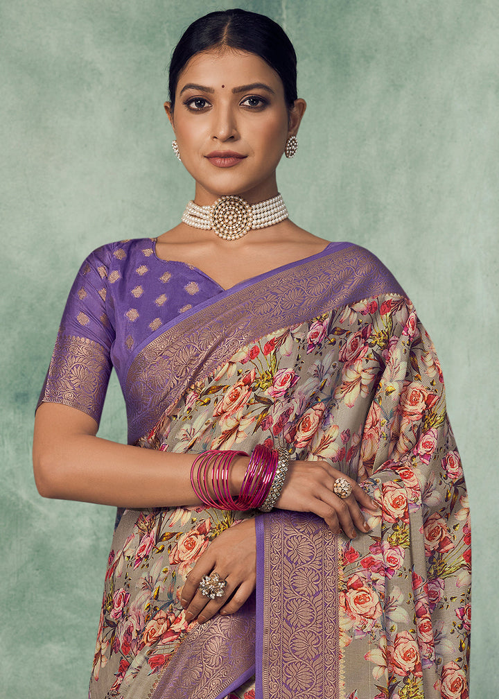 Shades Of Purple Digital Printed Tissue Silk Saree