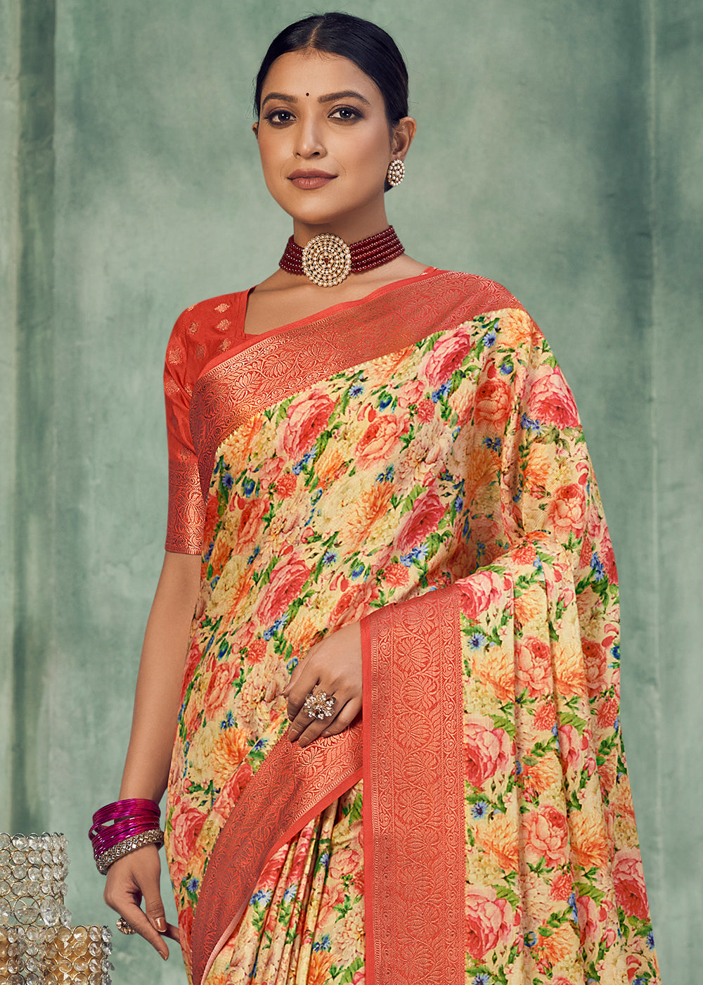 Red & Yellow Digital Printed Tissue Silk Saree