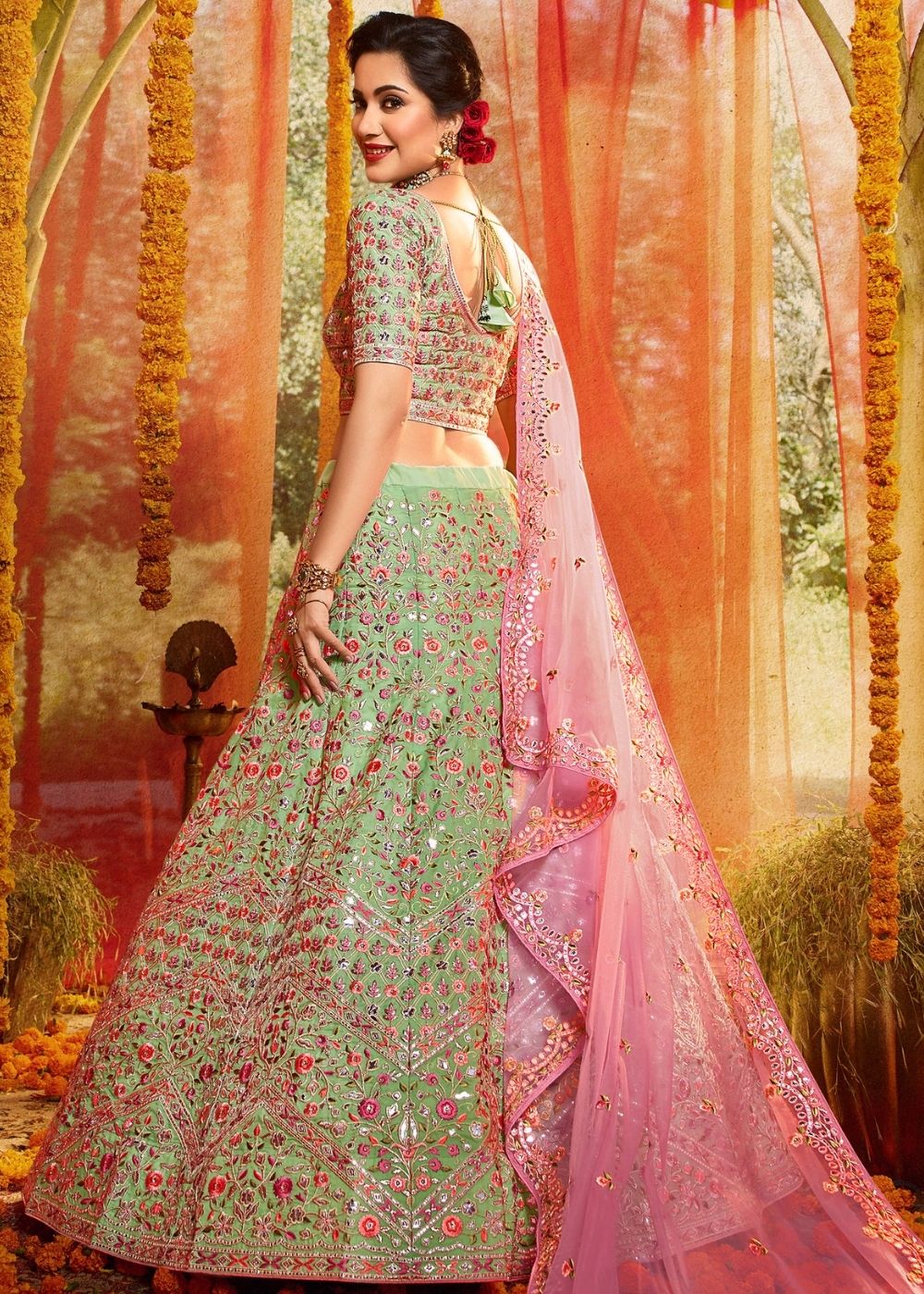 Mint Green Pure Organza Designer Lehenga Choli with Foil, Mirror, Thread and Zari work