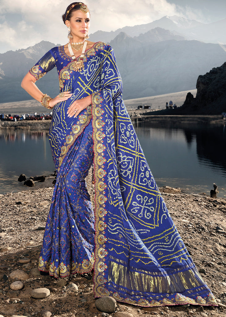 Azure Blue Bandhej Satin Silk Saree with Mirror,Moti & Cut-Dana