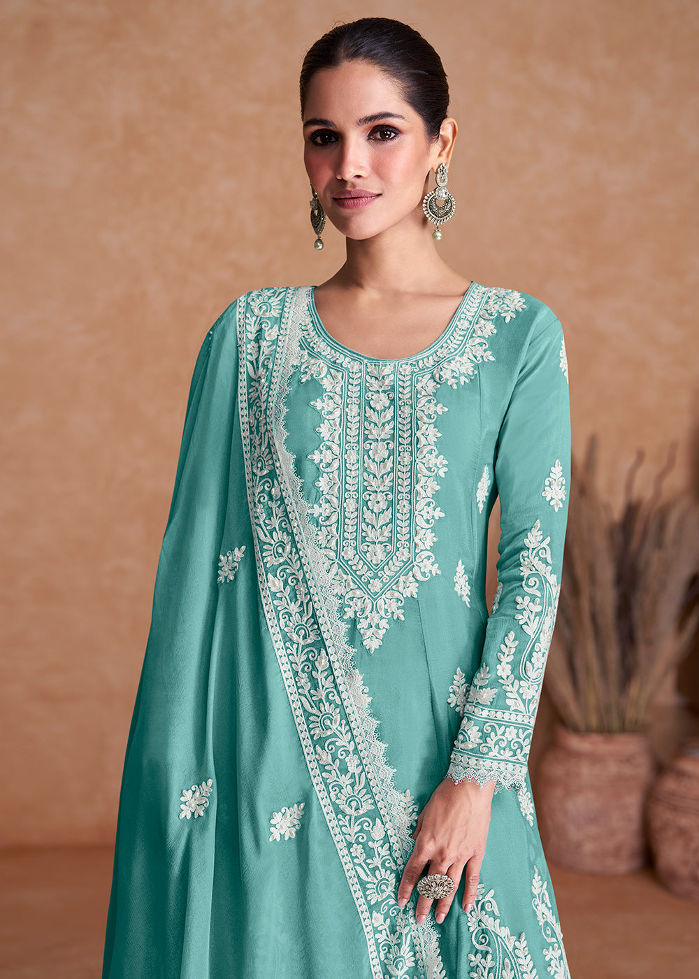 Arctic Blue Silk Plazzo Suit with Embroidery work