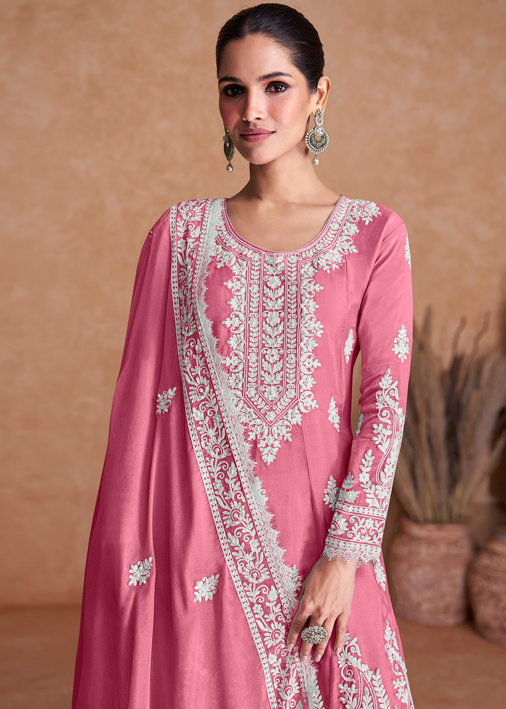 Light Deep Pink Silk Plazzo Suit with Embroidery work